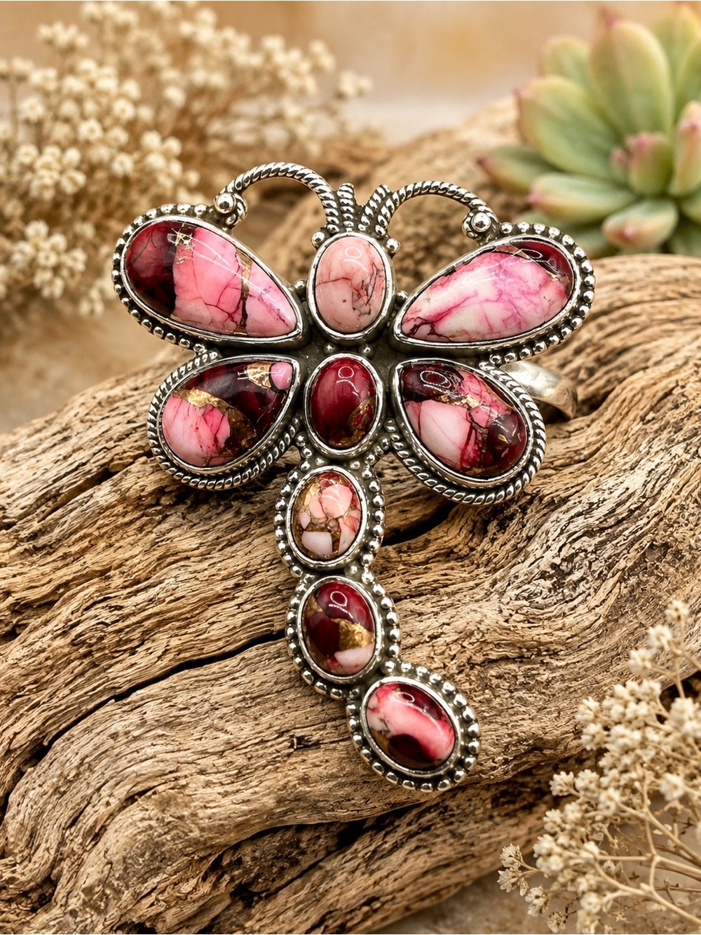 Sterling Silver Pink Red Dahlia Turquoise Dragonfly Ring Sz 6 17.7g Mosaic Matrx